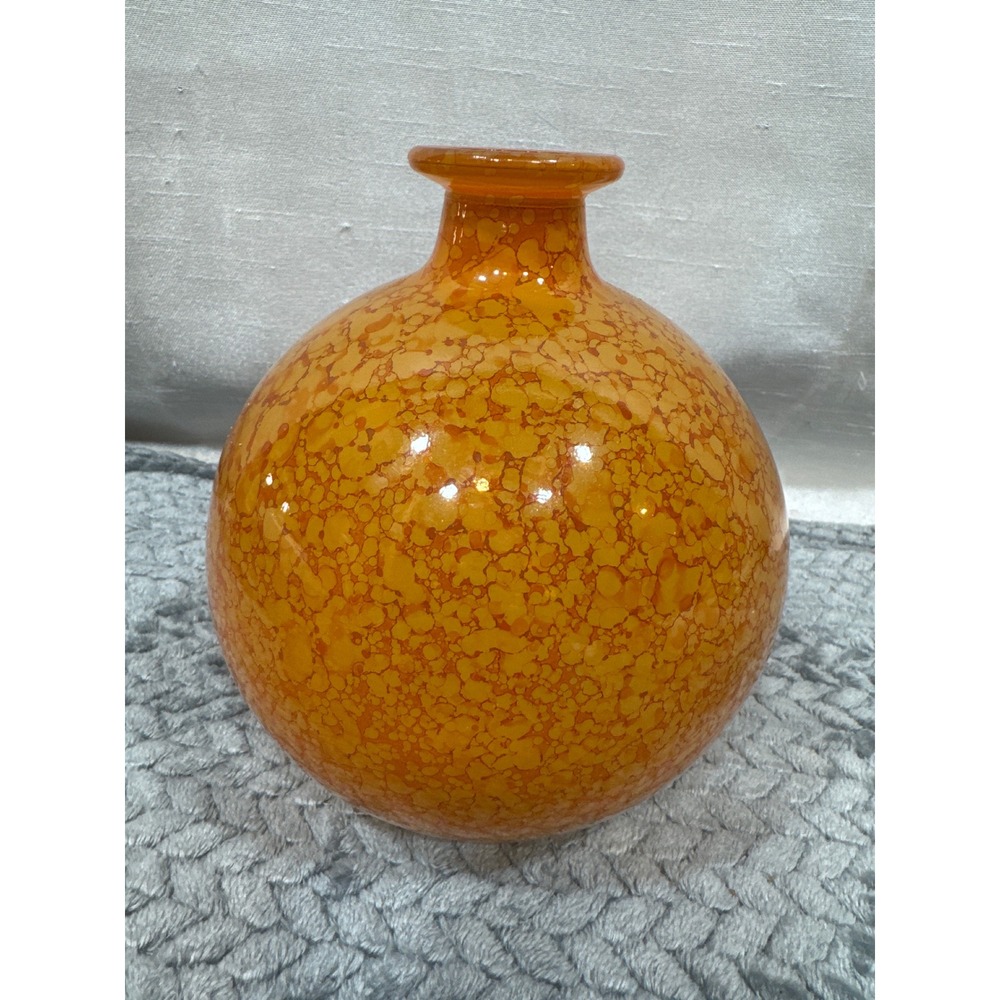 Vintage Orange Mottled Art Glass Bud Vase Round Spherical Made in Spain 5 inch